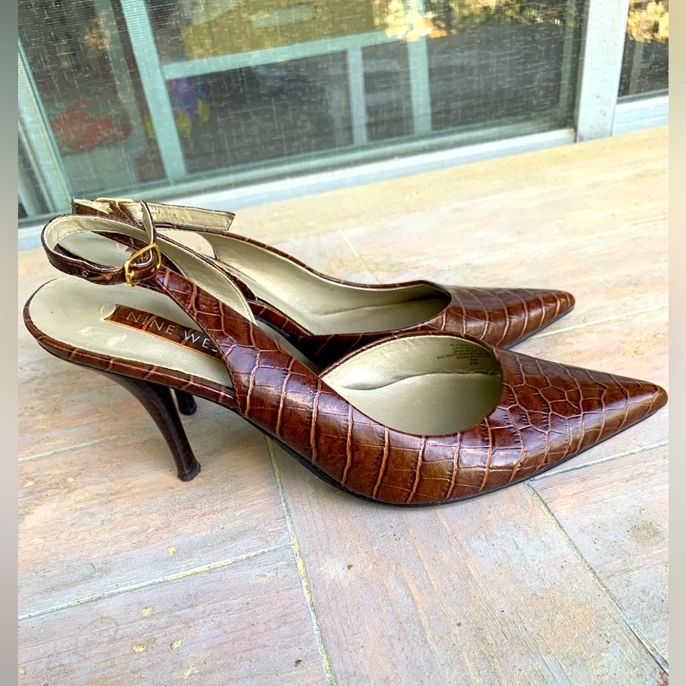Nine West Brown Mock Croc-Embossed leather Strappy backless  Heels Size :8
